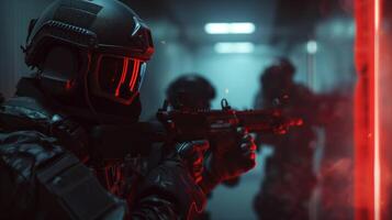 Ultra Realistic Tactical Action Scene from a Computer Game with Armed Soldiers in Tense Combat Environment photo