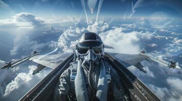 Portrait of a Pilot in the Cockpit of an F-16 Fighter Jet Flying Above the Clouds in Clear Blue Sky photo