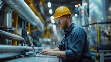 Industrial Engineer Working on Laptop in Modern Factory Wearing Safety Gear and Analyzing Data photo