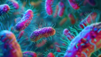 High Magnification Image of E. Coli Cells Showcasing Detailed Bacterial Structure and Vibrant Colors in Microbiology photo