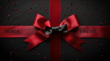 Elegant Black Friday Sale Concept With Red Ribbon On Black Background photo