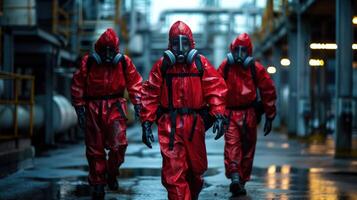Team in Red Hazmat Suits and Respirators Walking Through Industrial Facility at Dusk photo