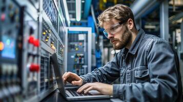 Industrial Engineer Working on Laptop in Modern Factory with Advanced Machinery and Equipment photo