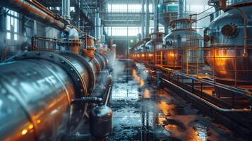 Modern Sugar Factory Production Line Showing Industrial Process of Cane Sugar Refinement and Manufacturing in a Large Industrial Plant photo