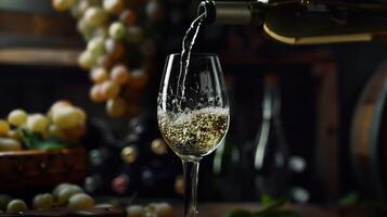White Wine Being Poured into a Glass Amidst Grapes and Bottles in a Cozy Atmosphere photo