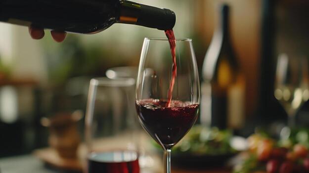 Red Wine Being Elegantly Poured Into a Beautiful Glass at a Sophisticated Dinner Setting photo