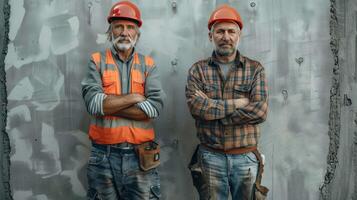 Two Experienced Construction Workers Standing Confidently in Front of a Concrete Wall Wearing Hard Hats and Safety Vests photo