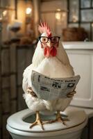 Funny Chicken Wearing Glasses Reads Newspaper on Toilet in Humorous Realism Illustration photo