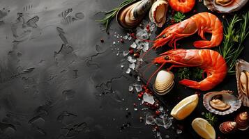 Top View of Elegant Gourmet Seafood Assortment with Fresh Shrimp, Mussels, and Herbs on Dark Rustic Background photo