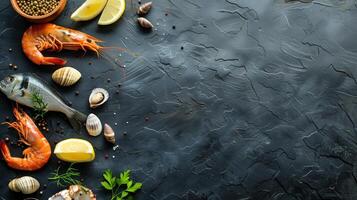 Top View of Elegant Assortment of Fresh Seafood with Shrimp, Fish, and Shells on Dark Background photo