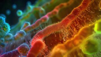 High Magnification View of E. Coli Cells Showcasing Colorful Abstract Patterns and Vivid Cellular Details photo