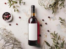 Wine Bottle Flatlay Mockup With Blank Label Surrounded by Floral Elements and Berries on a Marble Background photo