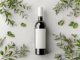 Elegant Wine Bottle Mockup Featuring a Blank Label Surrounded by Green Botanical Elements on a Neutral Background photo