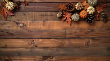 Rustic Wooden Background with Thanksgiving Decorations of Pumpkins and Pinecones photo