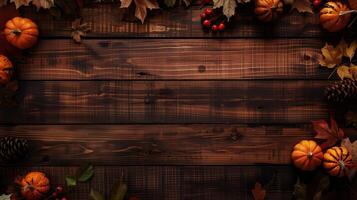 Rustic Wooden Background With Thanksgiving Decorations Including Pumpkins and Autumn Leaves photo