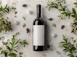 Wine Bottle Flatlay Mockup with Blank Label Surrounded by Greenery, Candles, and Berries on Textured Background photo