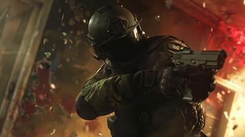 Ultra Realistic Action Scene From Popular Computer Game with Armed Soldier in Tactical Gear photo