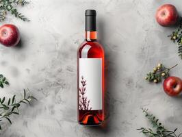 Wine Bottle Flatlay Mockup with Blank Label Surrounded by Fresh Apples and Leaves photo