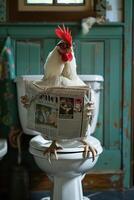 Surprised Rooster With Glasses Reads Newspaper in Bathroom Setting for Humorous Realism Concept Illustration photo