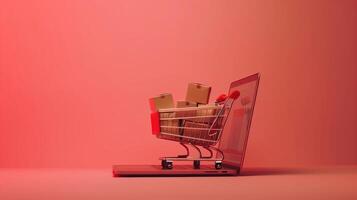 Creative Concept of Online Shopping with Shopping Cart on Laptop and Red Background photo