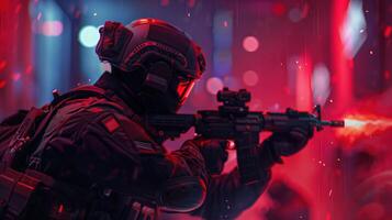 Ultra Realistic Action Scene from Rainbow Six Siege with Tactical Operative in Intense Combat Environment photo