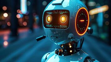 Futuristic Robot Assistant With Glowing Eyes in a Modern Cityscape Setting at Night photo