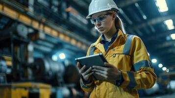 Professional Heavy Industry Engineer Worker Using Digital Tablet in Factory Wearing Safety Gear photo