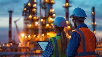 Industrial Engineers Collaborating at a Construction Site with Digital Tablet During Evening Hours photo