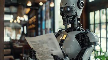 Futuristic AI Robot Inside a Modern Workspace Reading Documents Posing with Advanced Technology photo