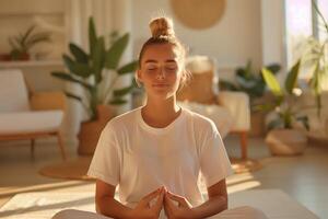 Serene Young Woman Meditating Indoors With Peaceful Expression and Sunlit Plants Around photo