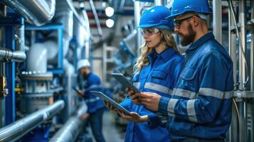 Male And Female Industrial Engineers Using Tablet In Modern Factory Environment With Pipes And Machinery photo