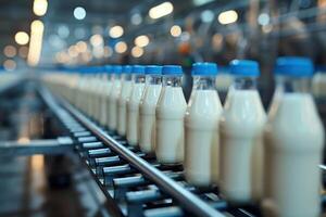 Milk Production Line at Factory Showcasing Glass Bottles in Rows for Efficient Dairy Processing and Packaging photo
