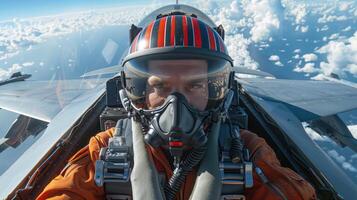 Dynamic Portrait Of A Fighter Jet Pilot In The Cockpit Of An F-16 Against A Breathtaking Sky Background photo