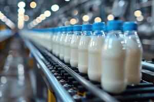 Milk Production Line at Modern Factory with Glass Bottles on Conveyor Belt photo