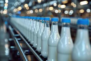 Milk Production Line at Factory with Glass Bottles Featuring Fresh Milk and Blue Caps photo