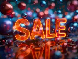 Vibrant 3D Neon SALE Sign with Floating Percent Symbols and Festive Atmosphere photo