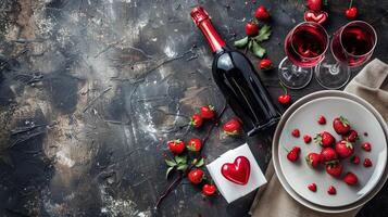 Romantic Valentine's Day Dinner Setting with Strawberries, Wine, and Heart Decorations for a Cozy Evening Celebration photo