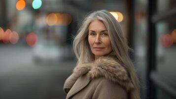 Elegant Older Woman with Long Gray Hair Wearing a Fur Coat in the City photo