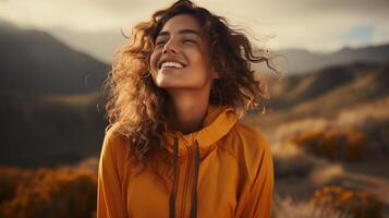Smiling Woman Enjoying Fresh Air in the Countryside While Wearing a Fall Fleece Jacket photo