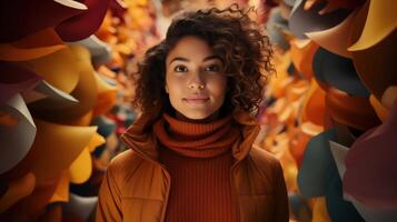 Portrait of a Woman in Fall Fleece Clothing Surrounded by Colorful Leaves photo
