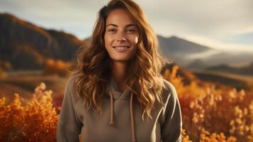 Woman Smiling in Nature Wearing Fall Fleece Clothing in Scenic Autumn Landscape photo