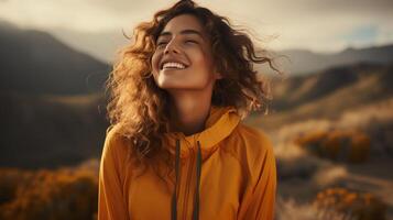 Joyful Woman in Fall Fleece Jacket Enjoying Nature and Sunshine photo