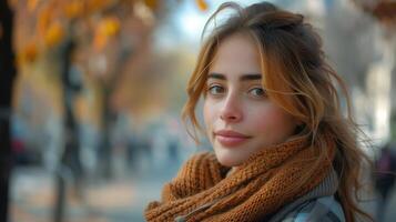 Beautiful Young Woman Smiling Outdoors in Autumn, Portrait of Hungarian Girl in Scarf photo