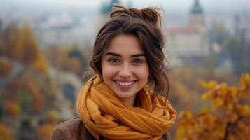 Young Woman Smiling in Autumn Park with Colorful Foliage and Blurred Background photo