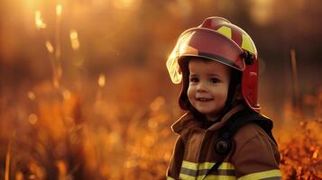 Adorable Young Child in Firefighter Uniform Enjoying A Beautiful Sunset photo