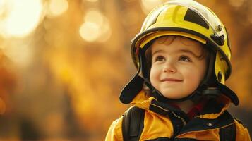 Adorable Young Child in Firefighter Uniform Smiling Outdoors During Autumn photo