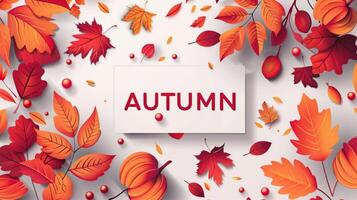 Autumn Greeting Card with Colorful Fall Leaves and Pumpkins photo