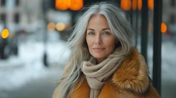 Elegant Mature Woman with Long Gray Hair Wearing Fur Coat and Scarf in Winter Urban Setting photo