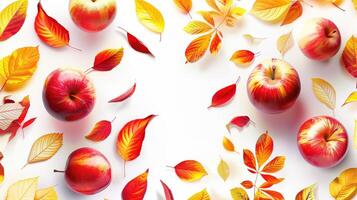 Autumn Background with Red Apples and Colorful Leaves on White Background photo