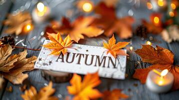 Cozy Autumn Greeting Card Surrounded by Colorful Fall Leaves and Warm Candlelight photo